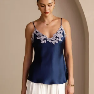 100 Prozent Maulbeerseide Spaghettiträger V Ausschnitt Spitzen Camisole Top